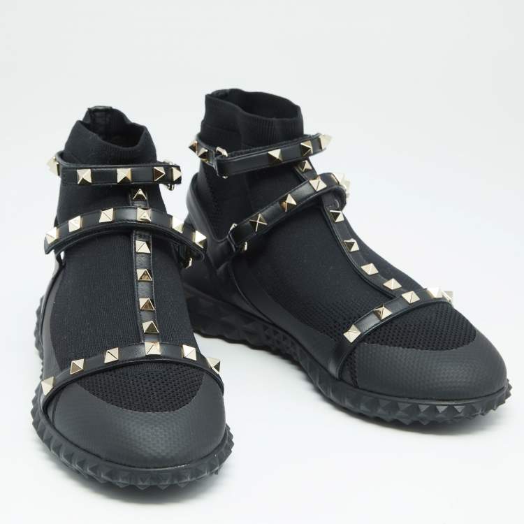 Pre Owned Valentino Black Knit and Leather Rockstud Bodytech Sneakers Size 40