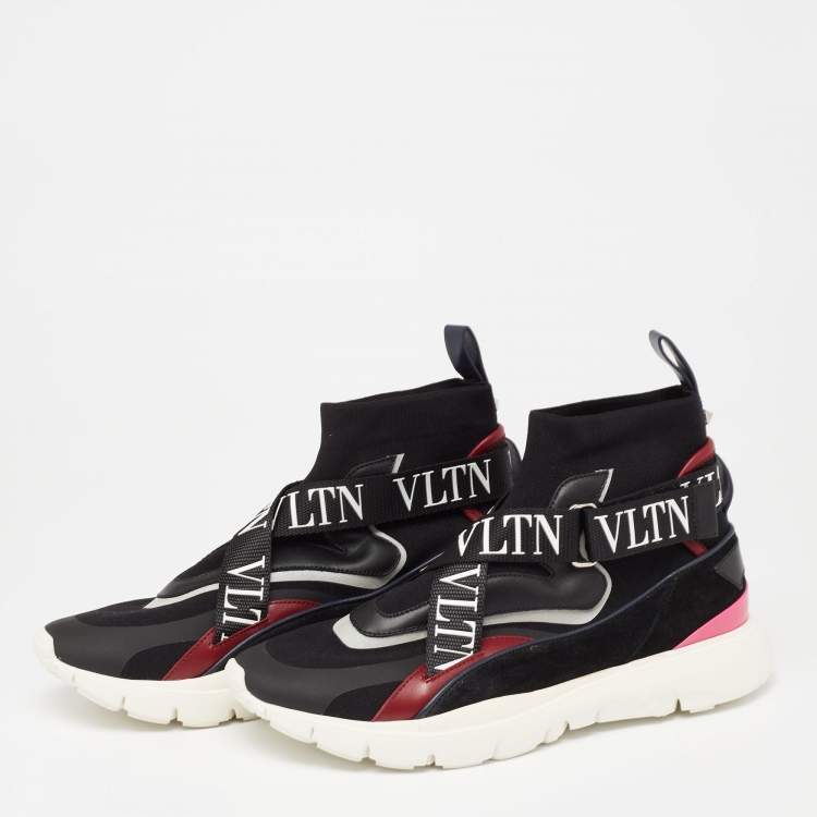 Pre Owned Valentio Garavani Multicolor Knit Fabric And Leather VLTN  High Top Sneakers Size 39