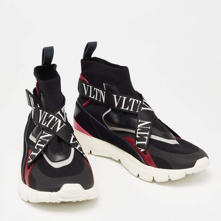 Pre Owned Valentio Garavani Multicolor Knit Fabric And Leather VLTN  High Top Sneakers Size 39