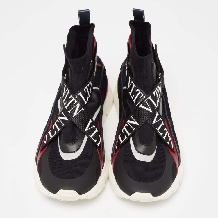 Pre Owned Valentio Garavani Multicolor Knit Fabric And Leather VLTN  High Top Sneakers Size 39