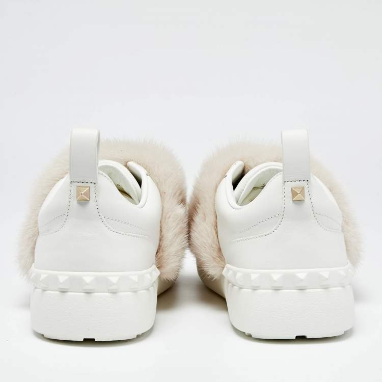 Pre Owned Valentino White Leather and Mink Fur Rockstud Low Top Sneakers Size 40