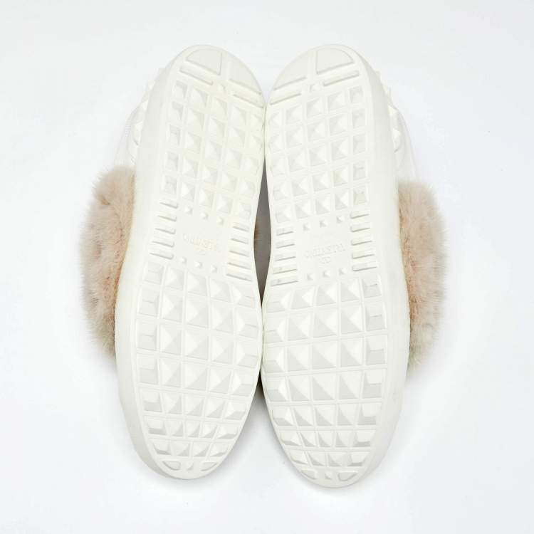 Pre Owned Valentino White Leather and Mink Fur Rockstud Low Top Sneakers Size 40