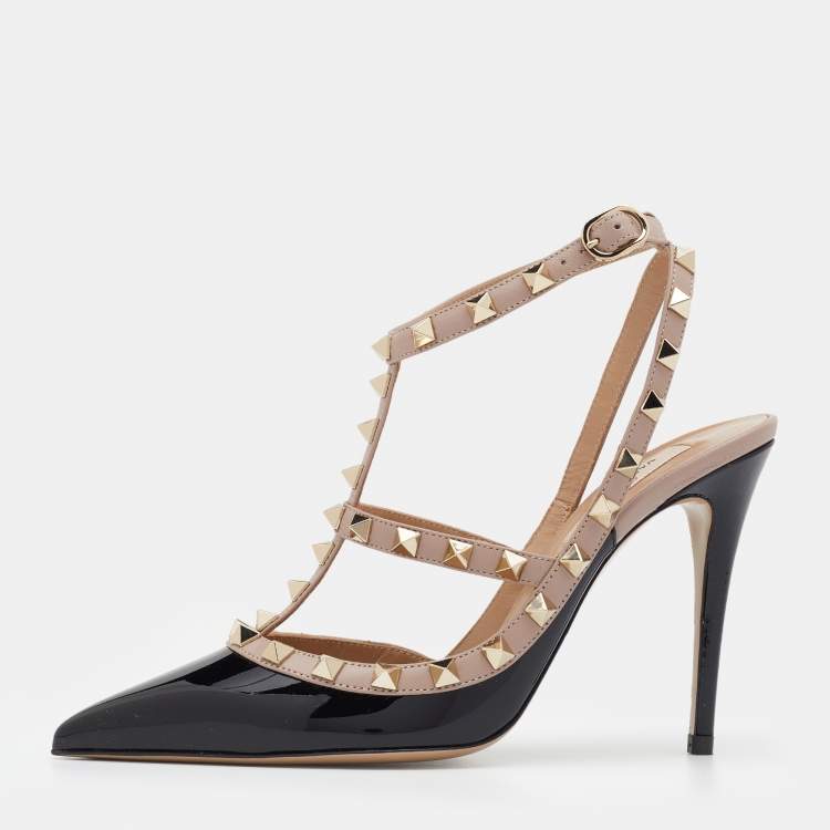 Valentino Black/Beige Patent Leather And Leather Rockstud Ankle Strap ...
