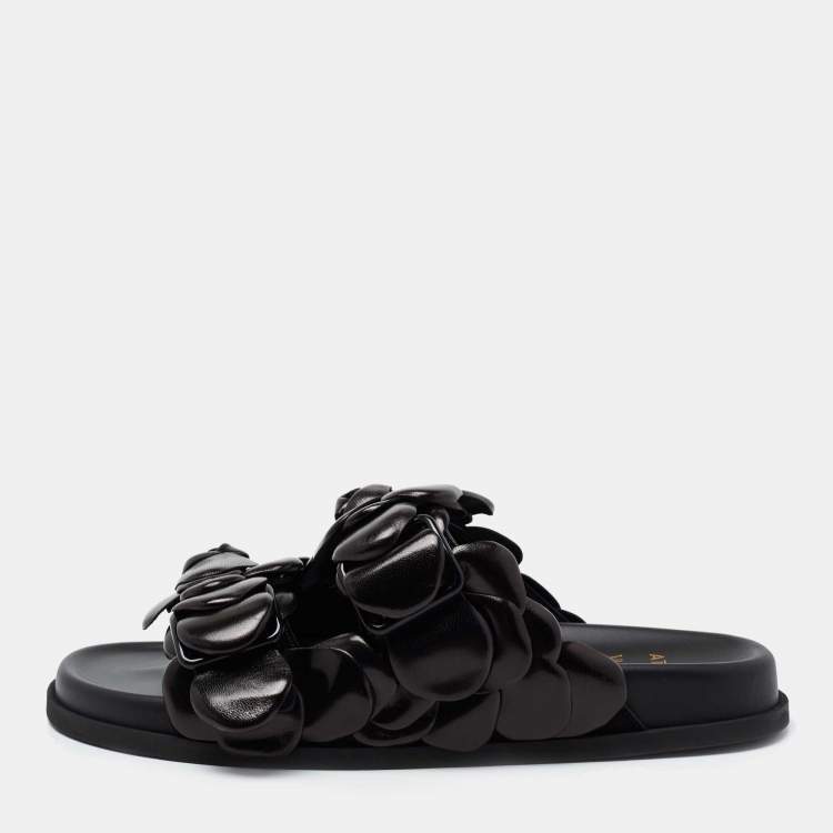 Pre Owned Valentino Black Leather Atelier 03 Rose Edition Flat Slides Size 37