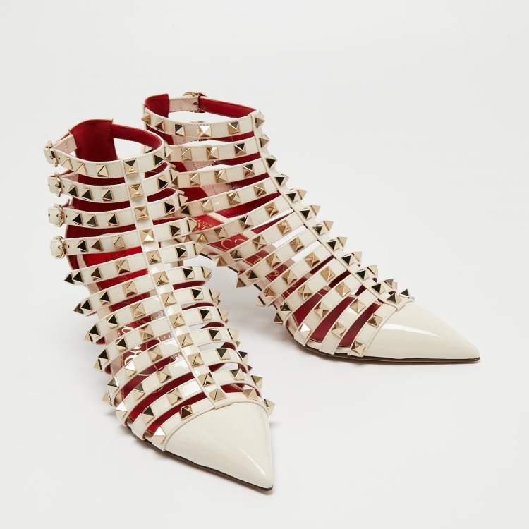 Pre Owned Valentino Off White Patent Leather Rockstud Alcove Ankle Booties Size 37.5