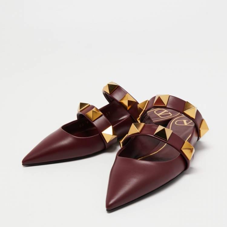 Pre Owned Valentino Burgundy Leather Roman Stud Flat Mules Size 37