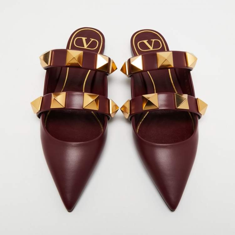 Pre Owned Valentino Burgundy Leather Roman Stud Flat Mules Size 37
