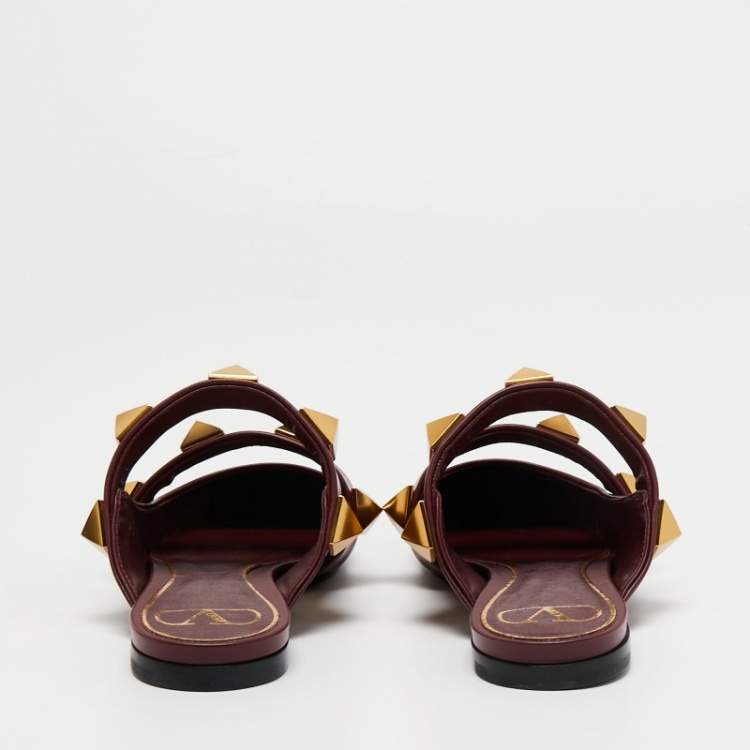 Pre Owned Valentino Burgundy Leather Roman Stud Flat Mules Size 37