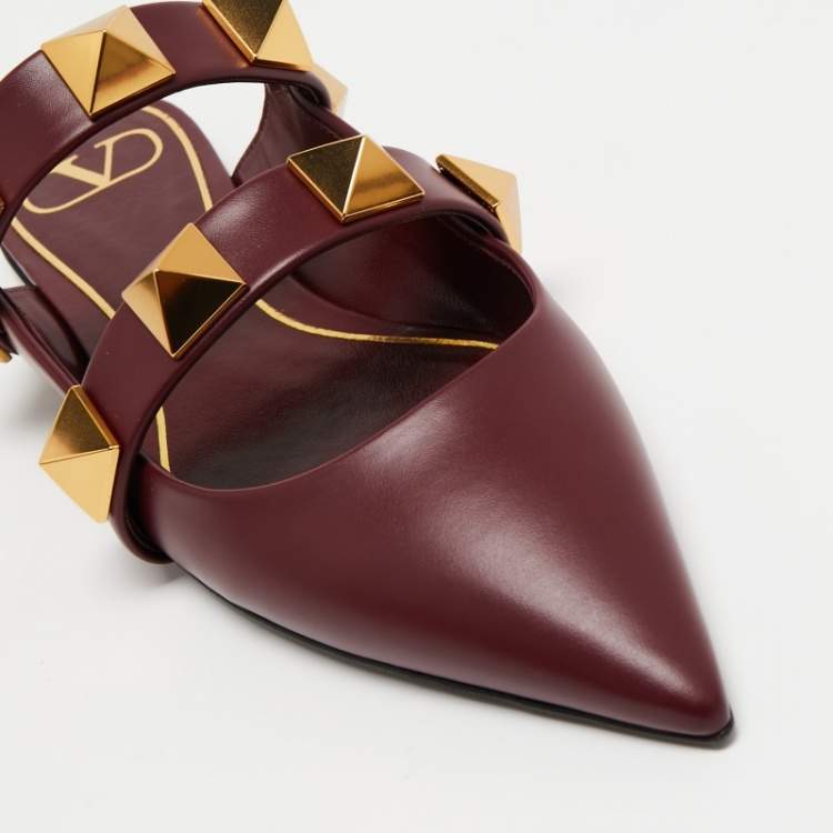 Pre Owned Valentino Burgundy Leather Roman Stud Flat Mules Size 37