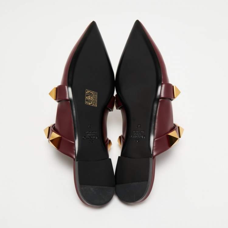 Pre Owned Valentino Burgundy Leather Roman Stud Flat Mules Size 37