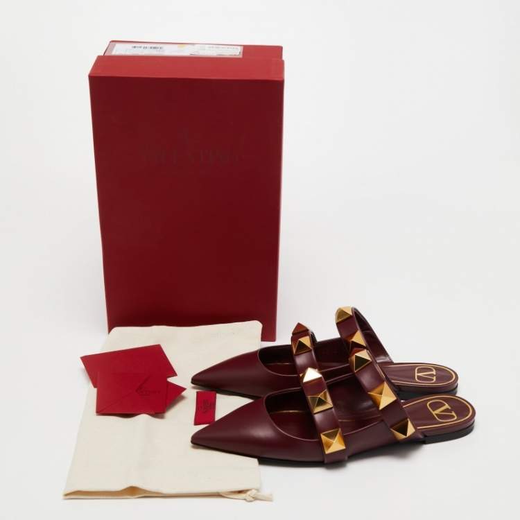 Pre Owned Valentino Burgundy Leather Roman Stud Flat Mules Size 37