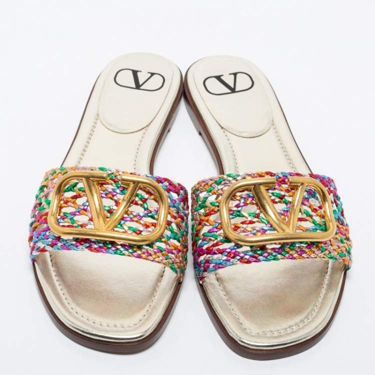 Pre Owned Valentino Multicolor Braided Leather VLOGO Flat Slides Size 38