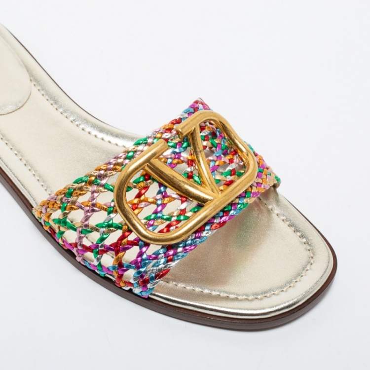 Pre Owned Valentino Multicolor Braided Leather VLOGO Flat Slides Size 38