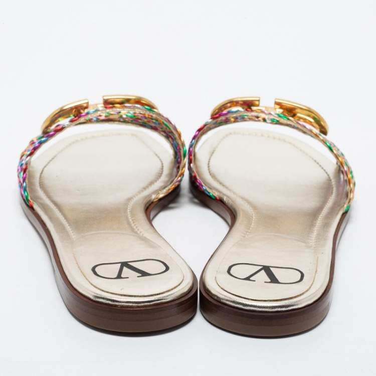Pre Owned Valentino Multicolor Braided Leather VLOGO Flat Slides Size 38