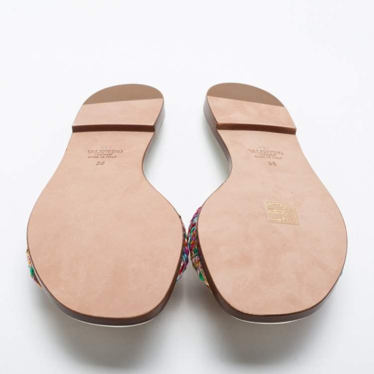 Pre Owned Valentino Multicolor Braided Leather VLOGO Flat Slides Size 38
