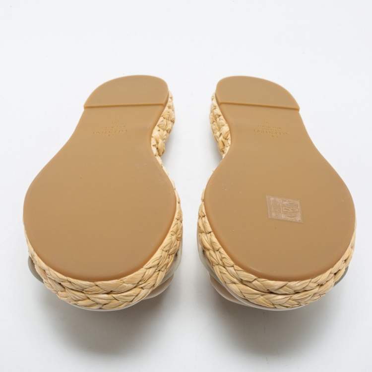 Pre Owned Valentino Off-White Leather VLogo Signature Raffia Espadrille Flat Slides Size 38