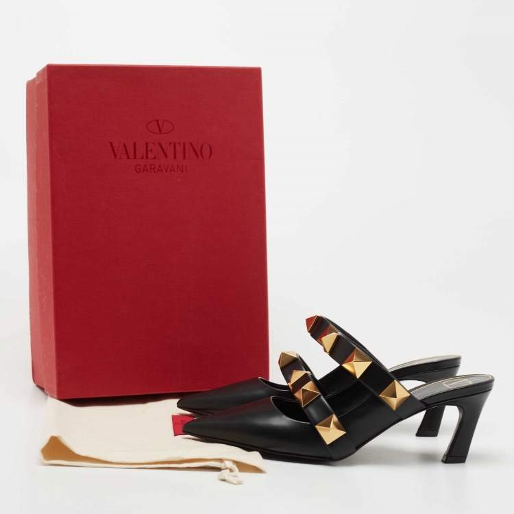 Pre Owned Valentino Black Leather Roman Stud Pointed Toe Mules Size 37.5