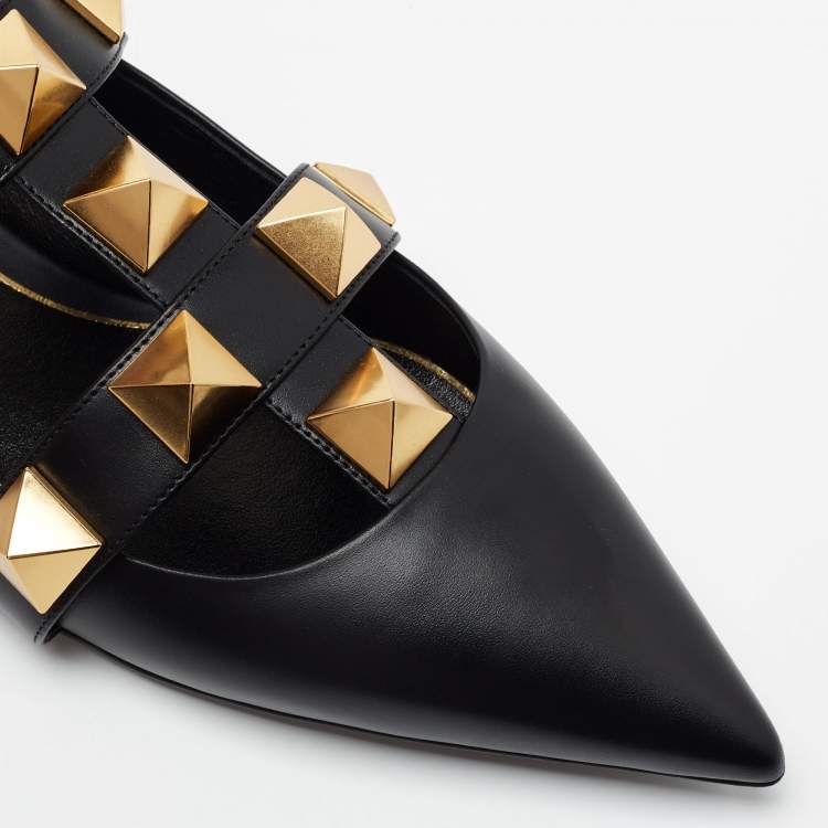 Pre Owned Valentino Black Leather Roman Stud Ankle Strap Flats Size 39
