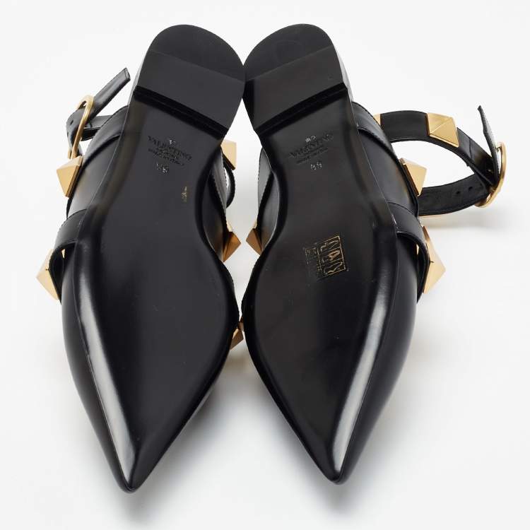Pre Owned Valentino Black Leather Roman Stud Ankle Strap Flats Size 39