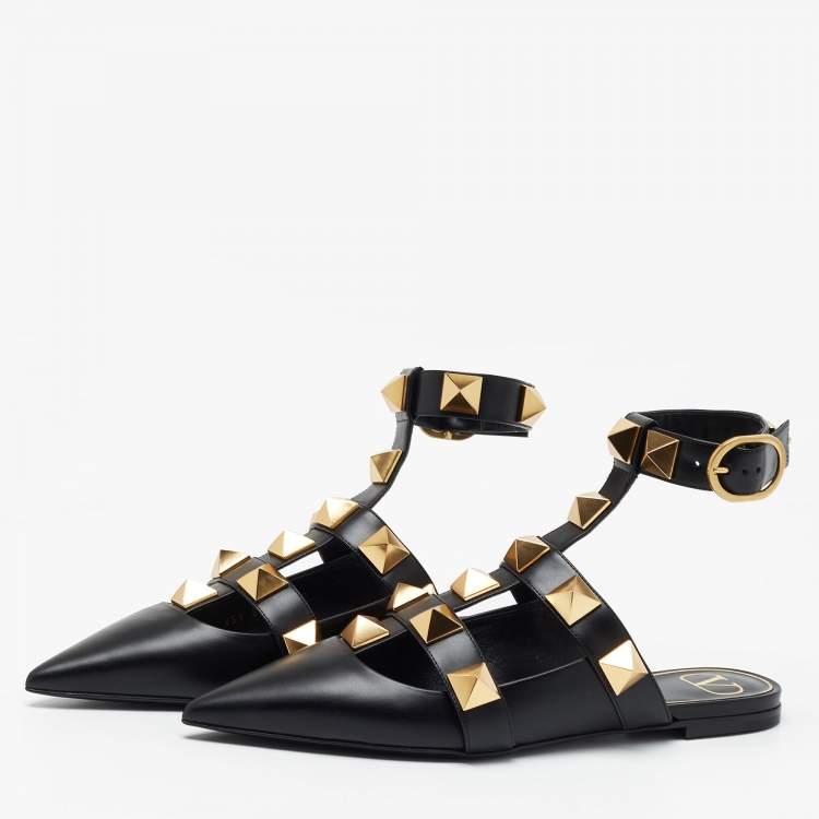 Pre Owned Valentino Black Leather Roman Stud Ankle Strap Flats Size 39