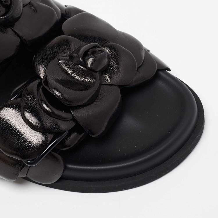 Pre Owned Valentino Black Leather Rose Atelier Fat Slides Size 38
