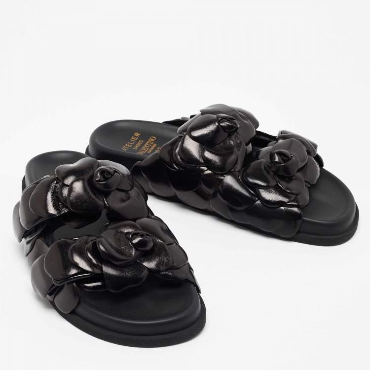 Pre Owned Valentino Black Leather Rose Atelier Fat Slides Size 38