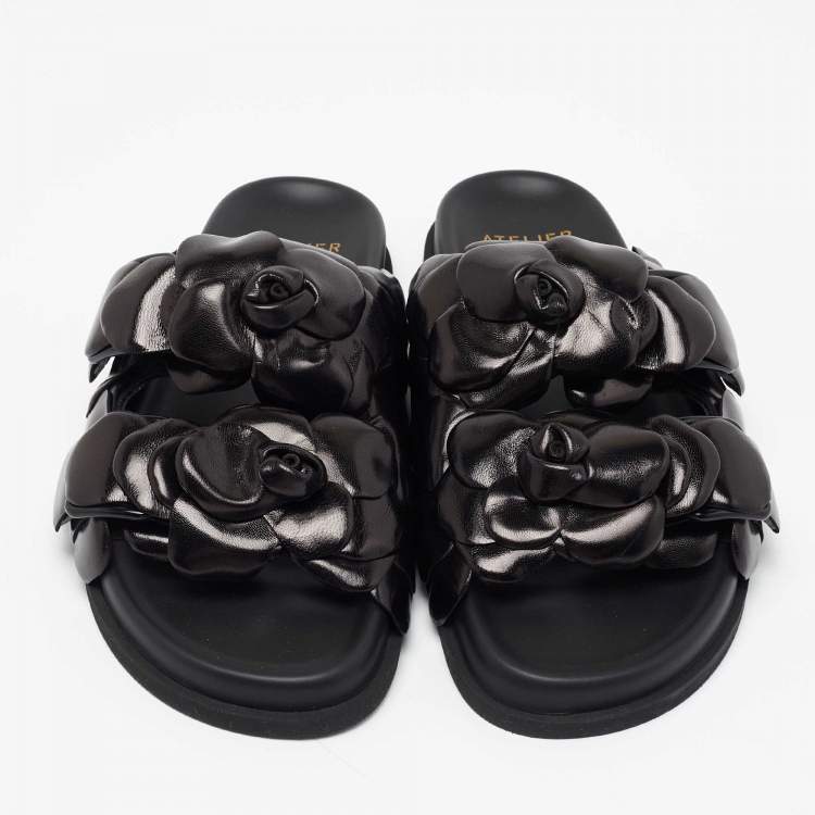 Pre Owned Valentino Black Leather Rose Atelier Fat Slides Size 38