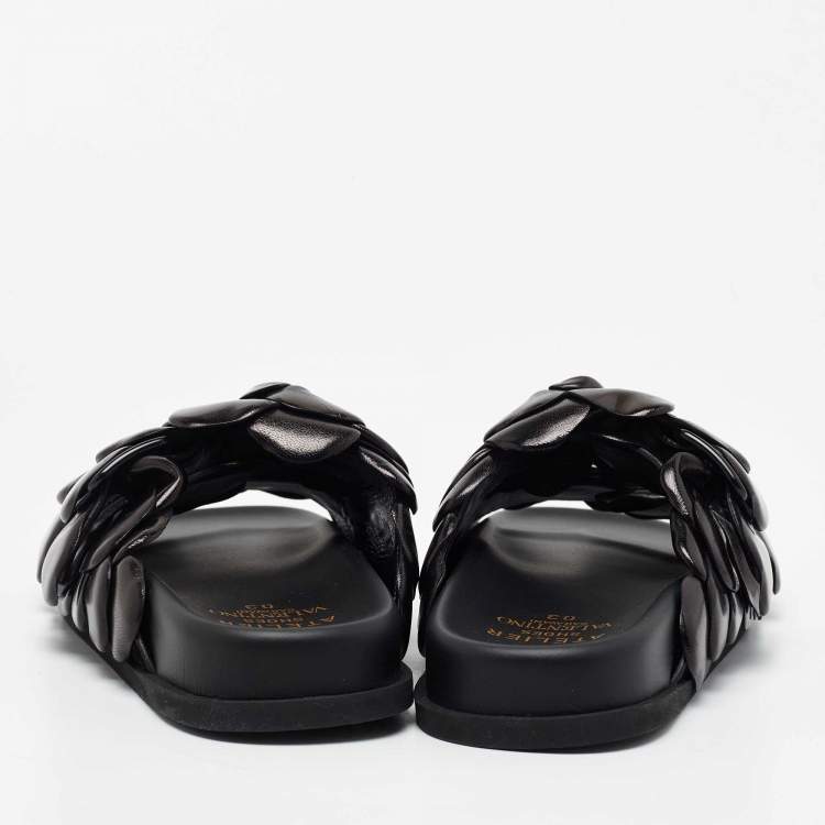 Pre Owned Valentino Black Leather Rose Atelier Fat Slides Size 38