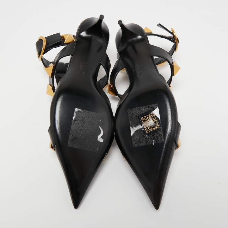 Pre Owned Valentino Black Leather Roman Stud Ankle Strap Pumps Size 39