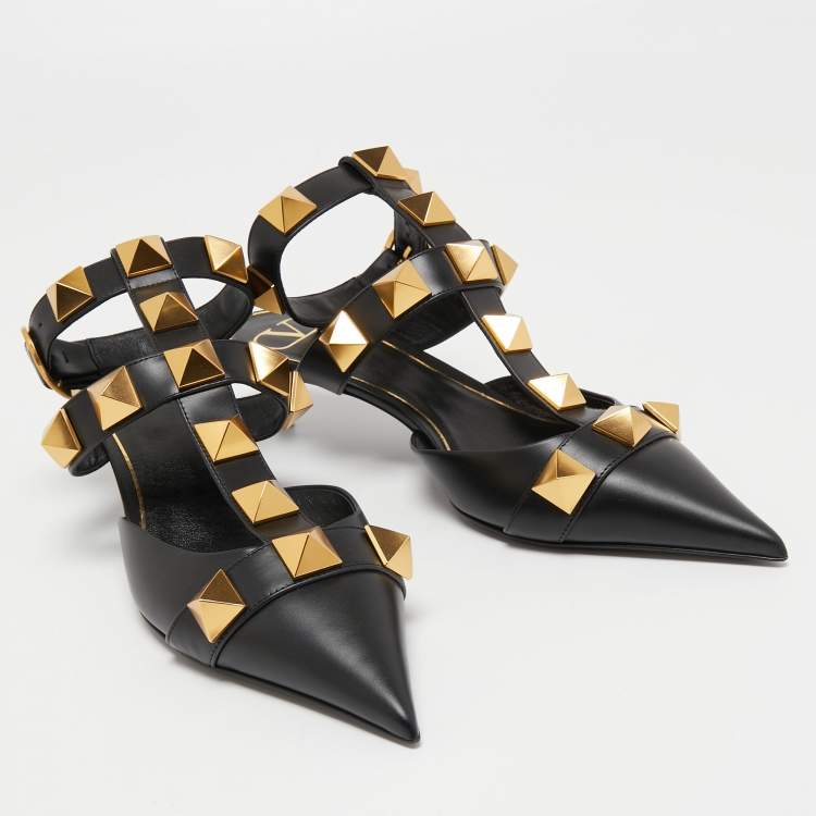 Pre Owned Valentino Black Leather Roman Stud Ankle Strap Pumps Size 39