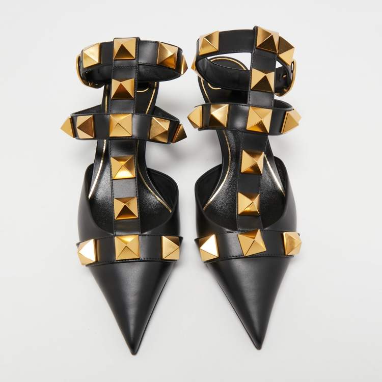 Pre Owned Valentino Black Leather Roman Stud Ankle Strap Pumps Size 39