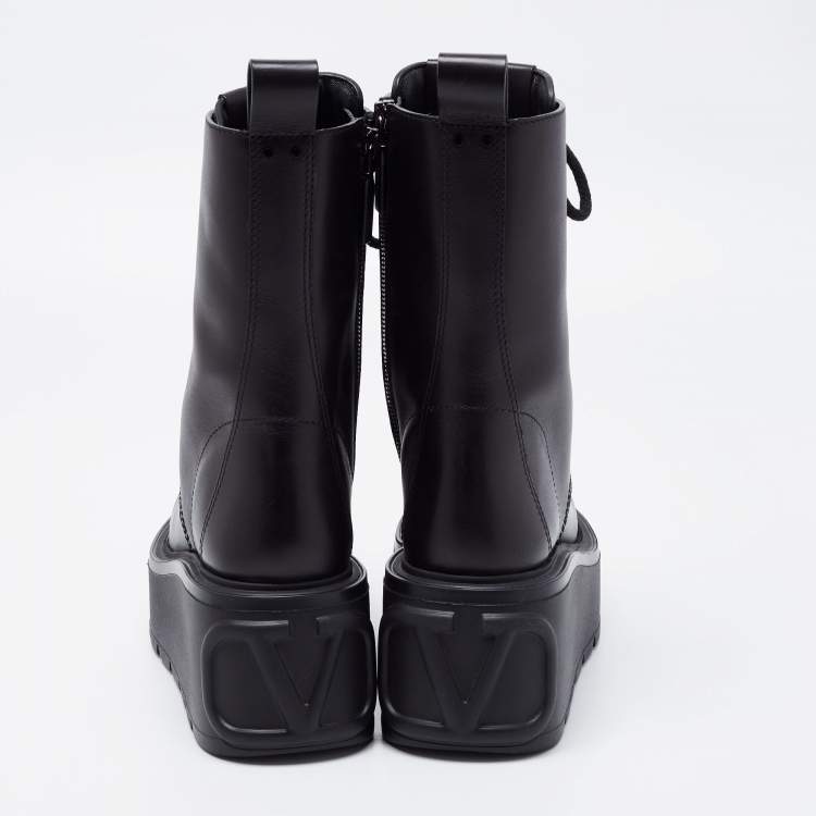Pre Owned Valentino Black Leather Uniqueform Platform Combat Boots Size 35