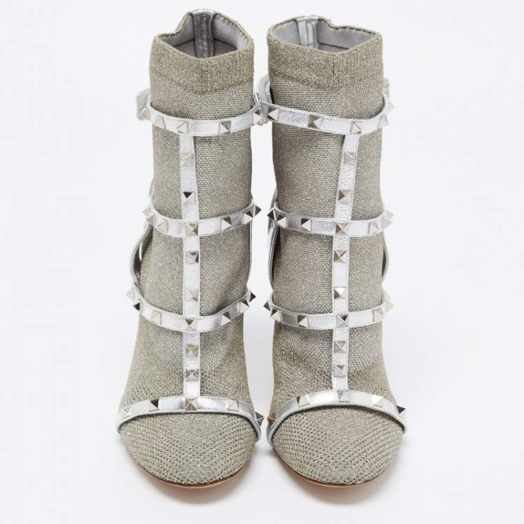 Pre Owned Valentino Silver Leather and Glitter Fabric Rockstud Accents Sock Boots Size 40 