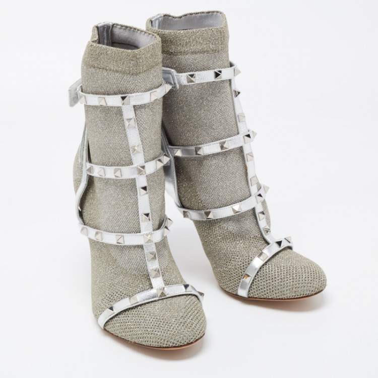 Pre Owned Valentino Silver Leather and Glitter Fabric Rockstud Accents Sock Boots Size 40 