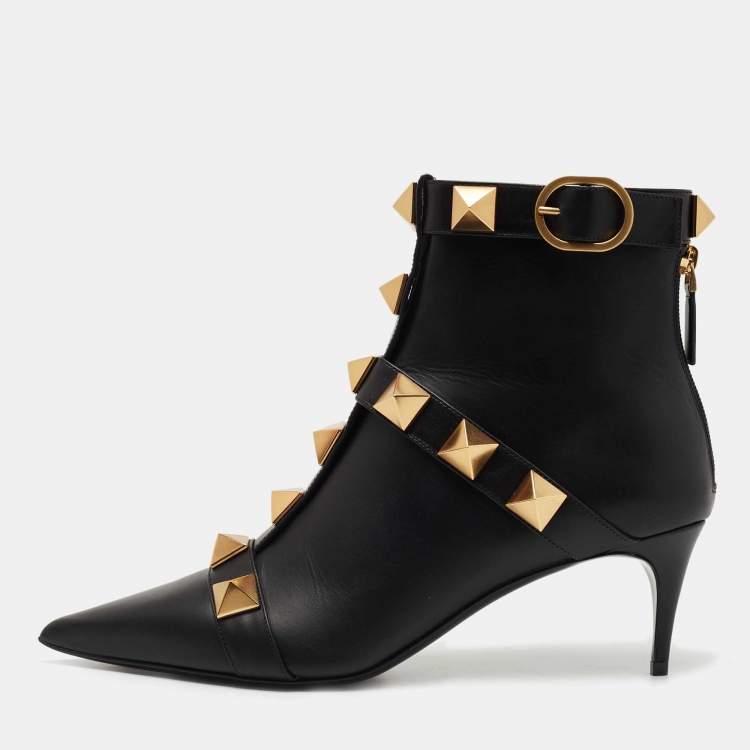 Pre Owned Valentino Black Leather Roman Stud Ankle Boots Size 40 