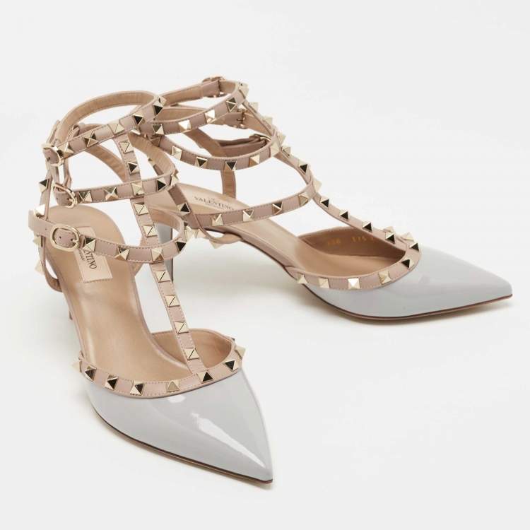 Pre Owned Valentino Grey/Beige Patent and Leather Rockstud Pumps Size 41