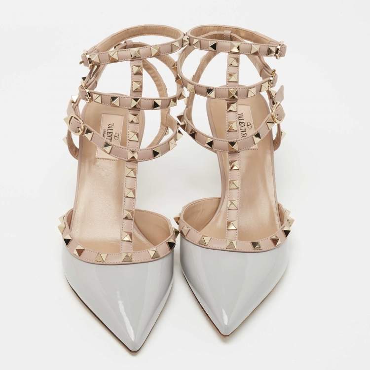 Pre Owned Valentino Grey/Beige Patent and Leather Rockstud Pumps Size 41