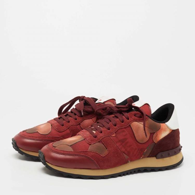 Pre Owned Valentino Red Canvas, Leather and Suede Rockrunner L'Amour Sneakers Size 40.5
