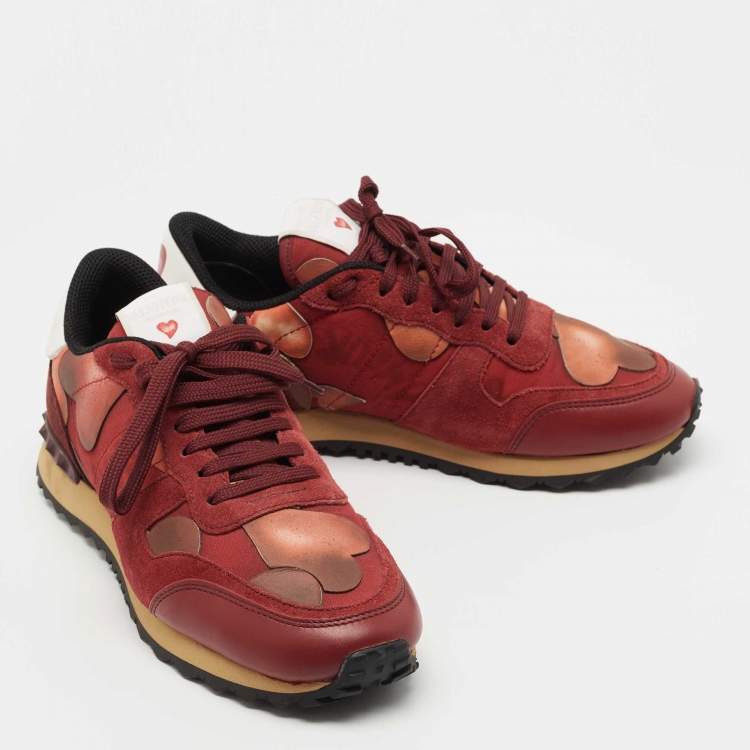 Pre Owned Valentino Red Canvas, Leather and Suede Rockrunner L'Amour Sneakers Size 40.5