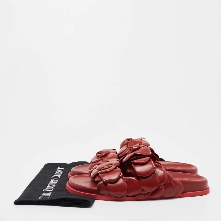 Pre Owned Valentino Dark Red Leather Atelier 03 Rose Edition Flat Slides Size 40