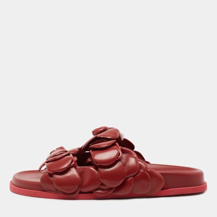 Pre Owned Valentino Dark Red Leather Atelier 03 Rose Edition Flat Slides Size 40