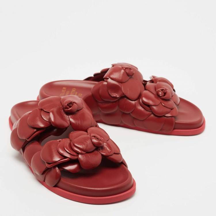Pre Owned Valentino Dark Red Leather Atelier 03 Rose Edition Flat Slides Size 40