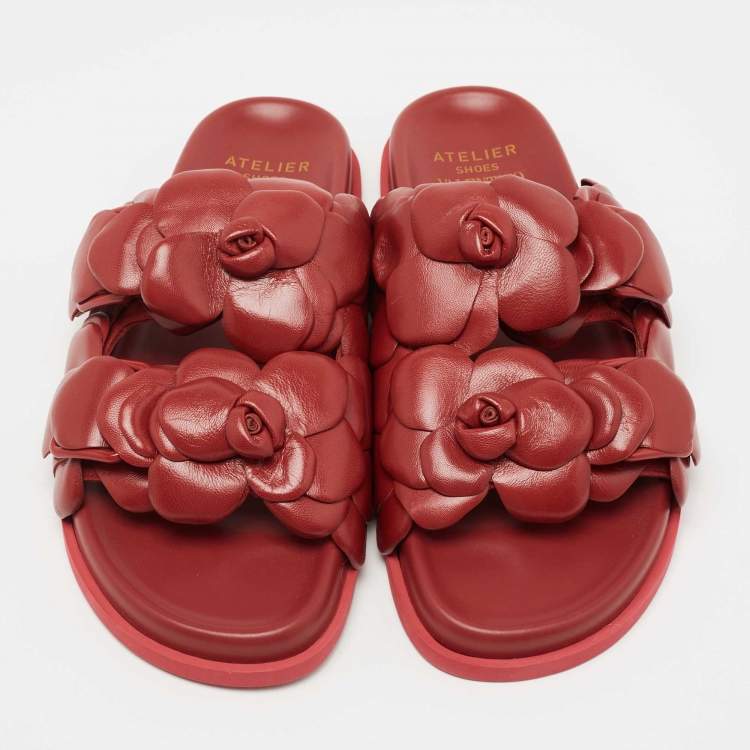 Pre Owned Valentino Dark Red Leather Atelier 03 Rose Edition Flat Slides Size 40