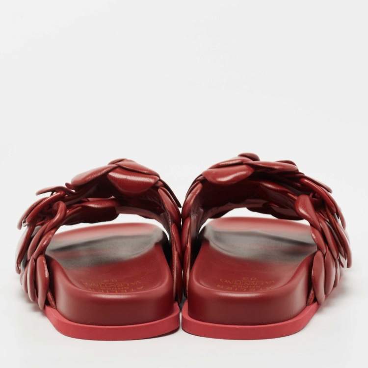 Pre Owned Valentino Dark Red Leather Atelier 03 Rose Edition Flat Slides Size 40