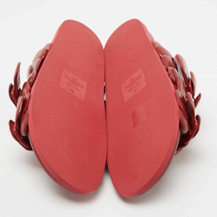 Pre Owned Valentino Dark Red Leather Atelier 03 Rose Edition Flat Slides Size 40