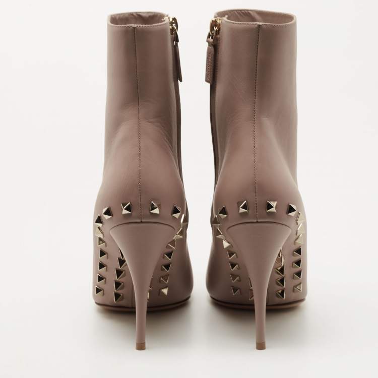 Pre Owned Valentino Beige Leather Rockstud Ankle Boots Size 39.5
