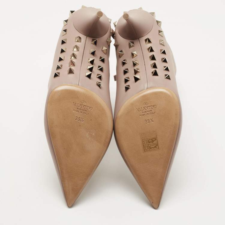 Pre Owned Valentino Beige Leather Rockstud Ankle Boots Size 39.5