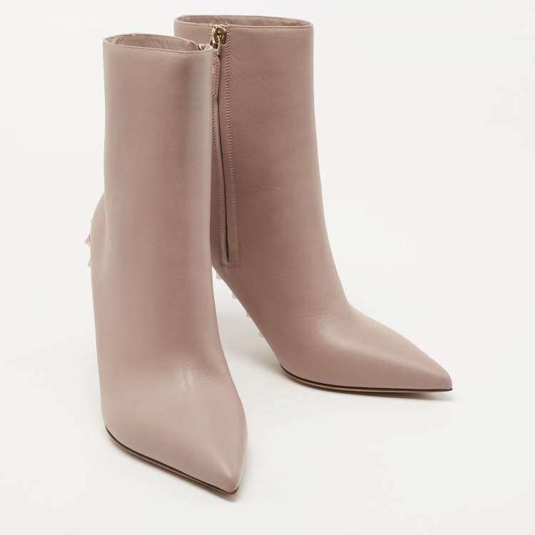 Pre Owned Valentino Beige Leather Rockstud Ankle Boots Size 39.5