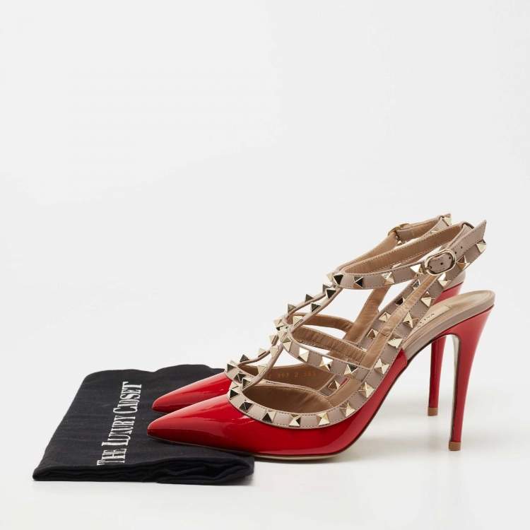 Pre Owned Valentino Red Patent Leather Rockstud Ankle Strap Pumps Size 38.5