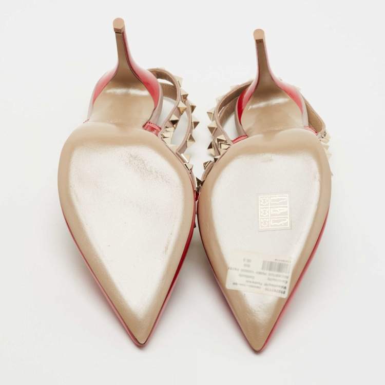 Pre Owned Valentino Red Patent Leather Rockstud Ankle Strap Pumps Size 38.5